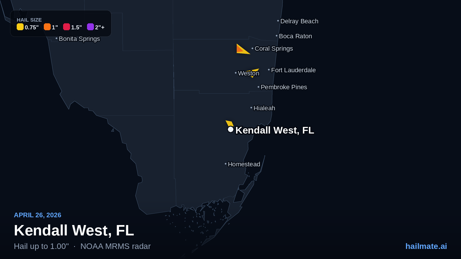 Hail swath map for Kendall West, FL on April 26, 2026 showing 1.00 inch hail.