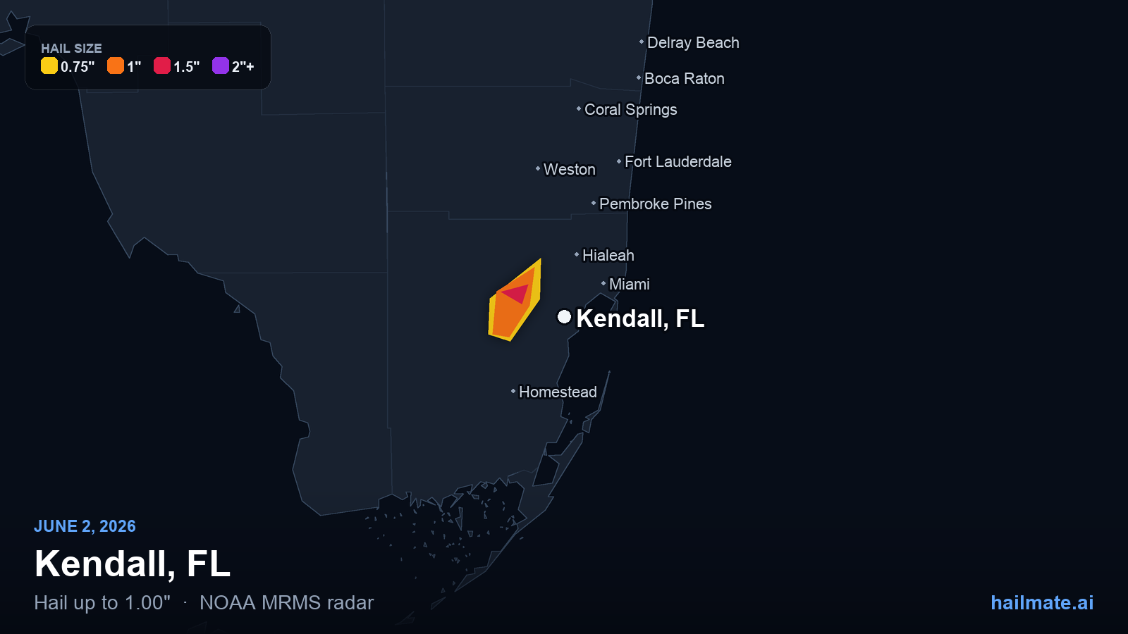 Hail swath map for Kendall, FL on June 2, 2026 showing 1.00 inch hail.