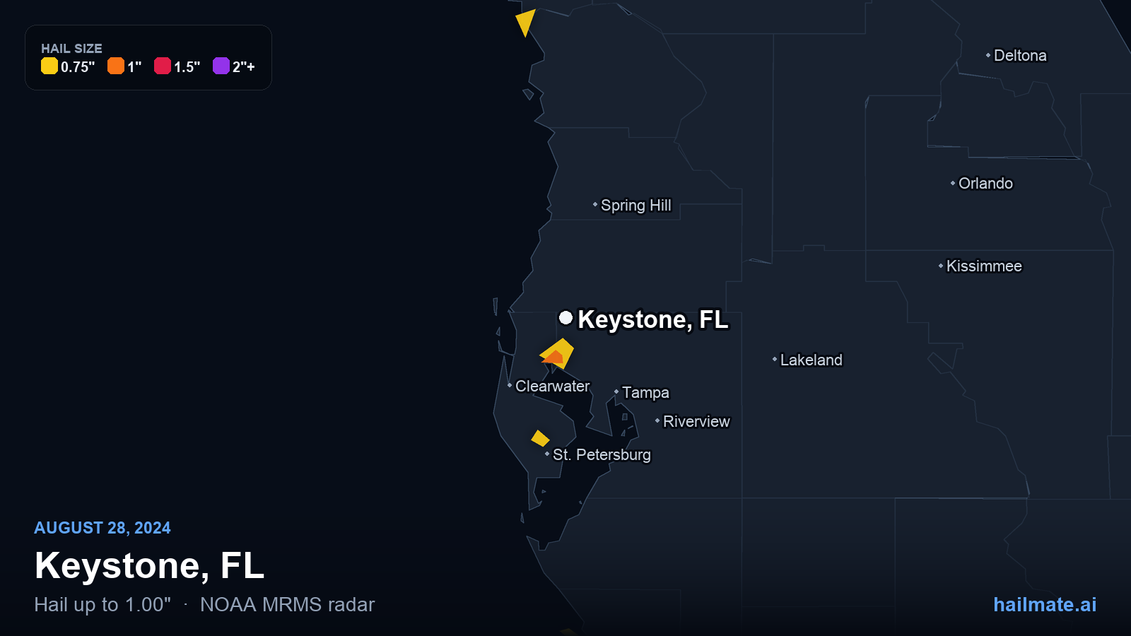 Hail swath map for Keystone, FL on August 28, 2024 showing 1.00 inch hail.