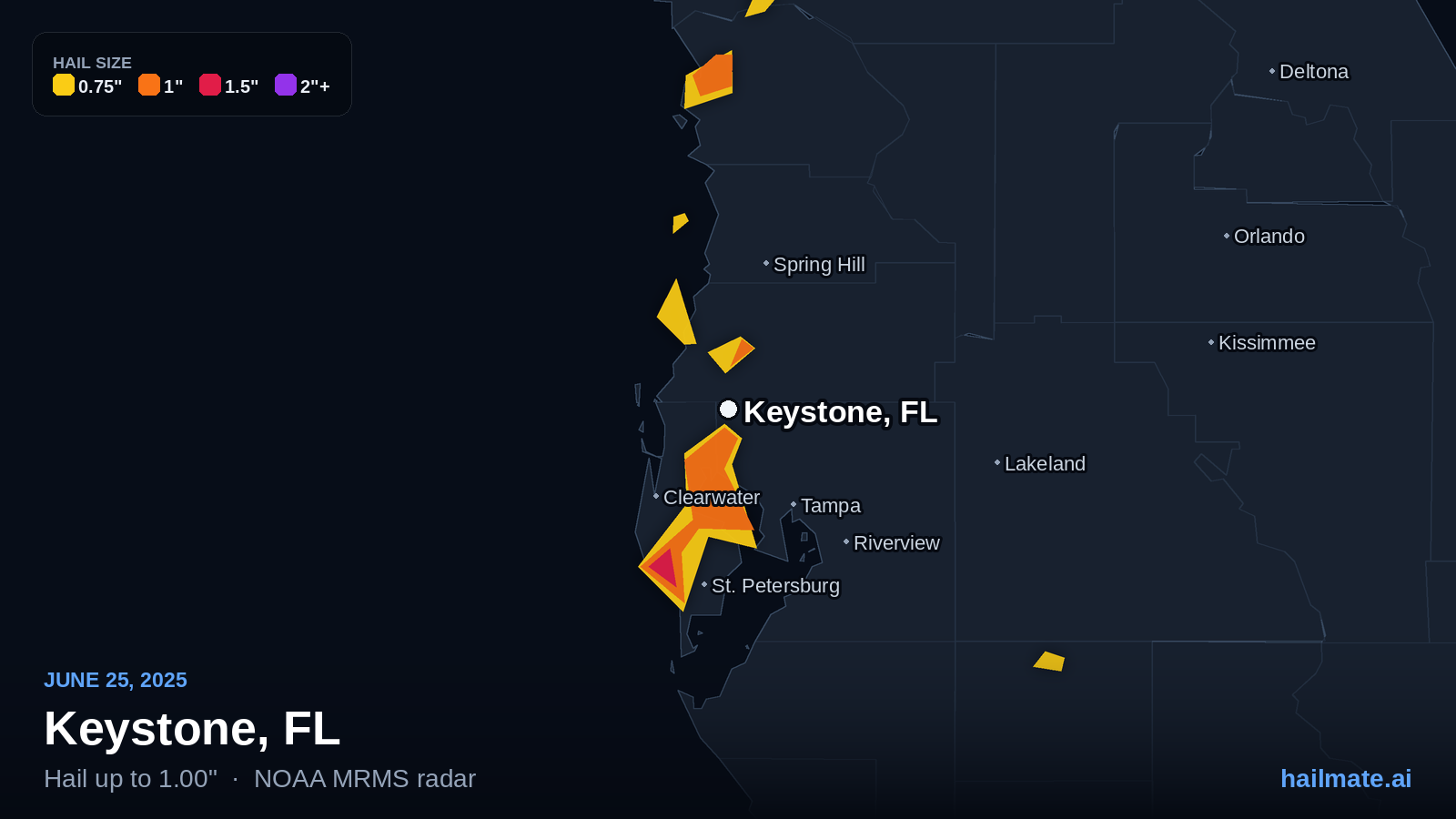 Hail swath map for Keystone, FL on June 25, 2025 showing 1.00 inch hail.