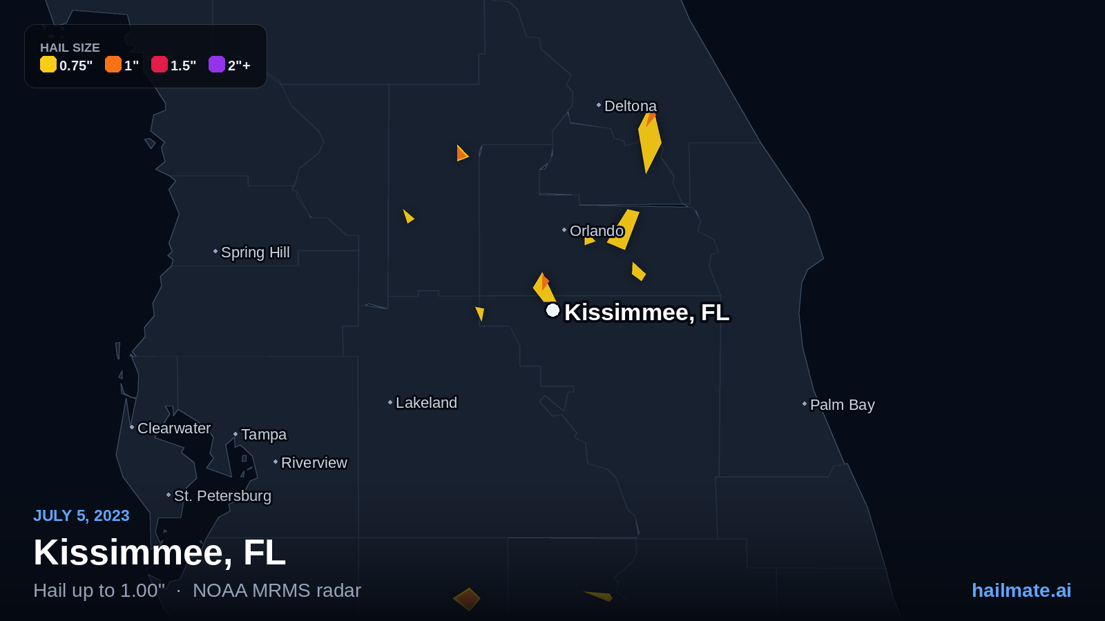 Hail swath map for Kissimmee, FL on July 5, 2023 showing 1.00 inch hail.