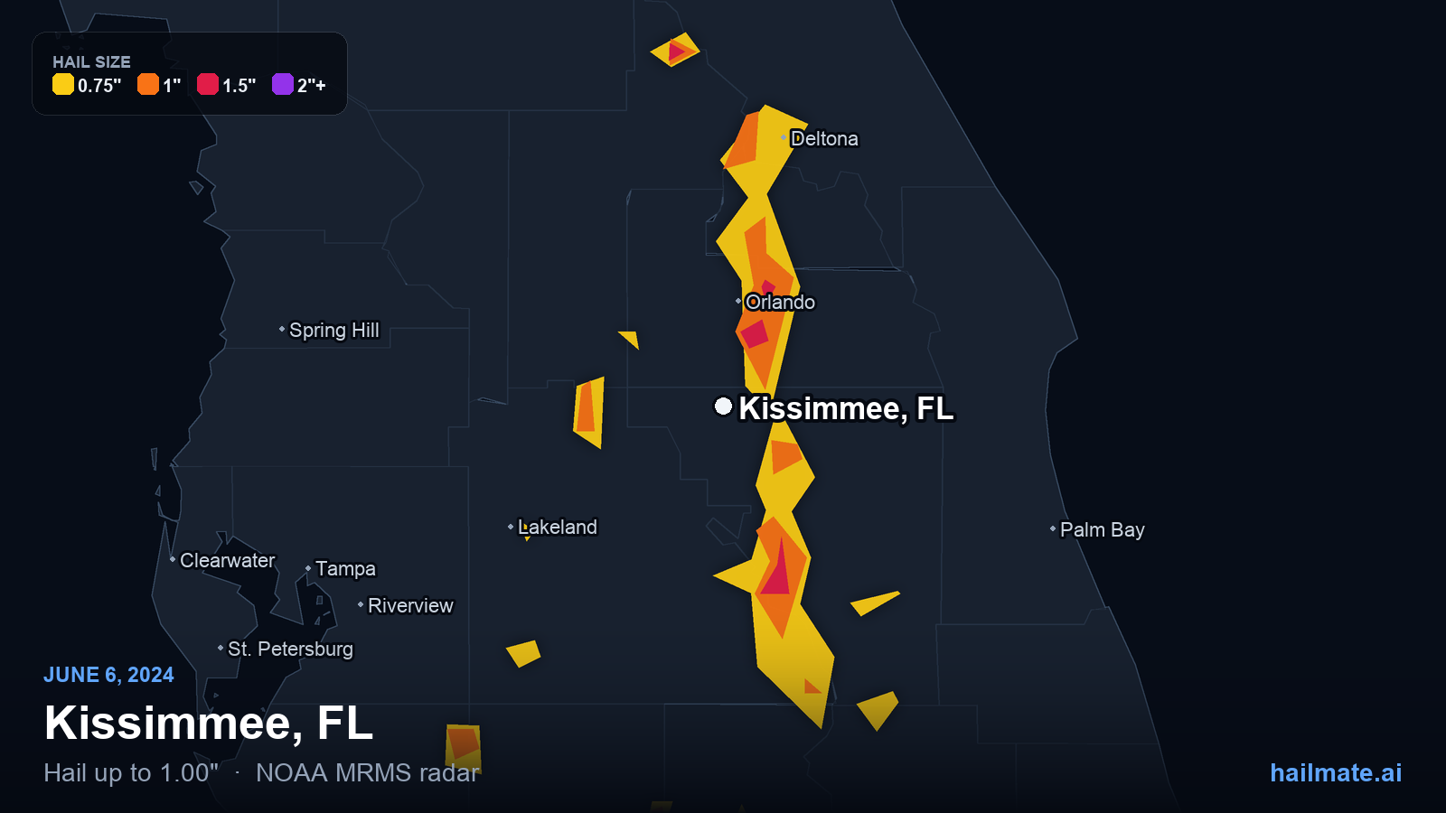 Hail swath map for Kissimmee, FL on June 6, 2024 showing 1.00 inch hail.