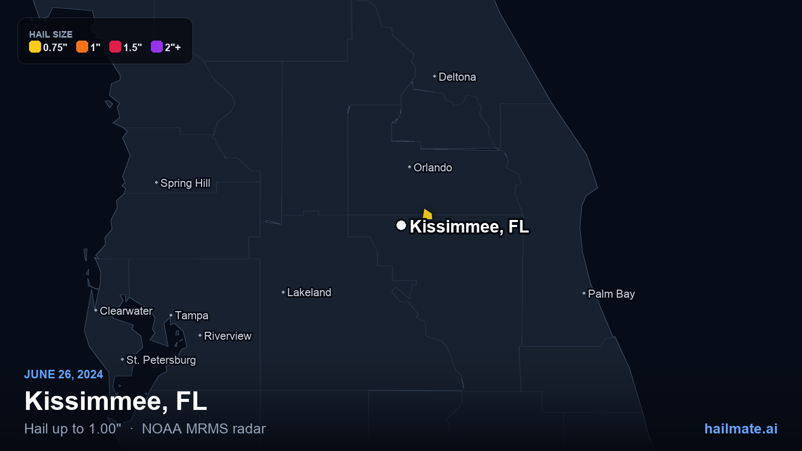 Hail swath map for Kissimmee, FL on June 26, 2024 showing 1.00 inch hail.