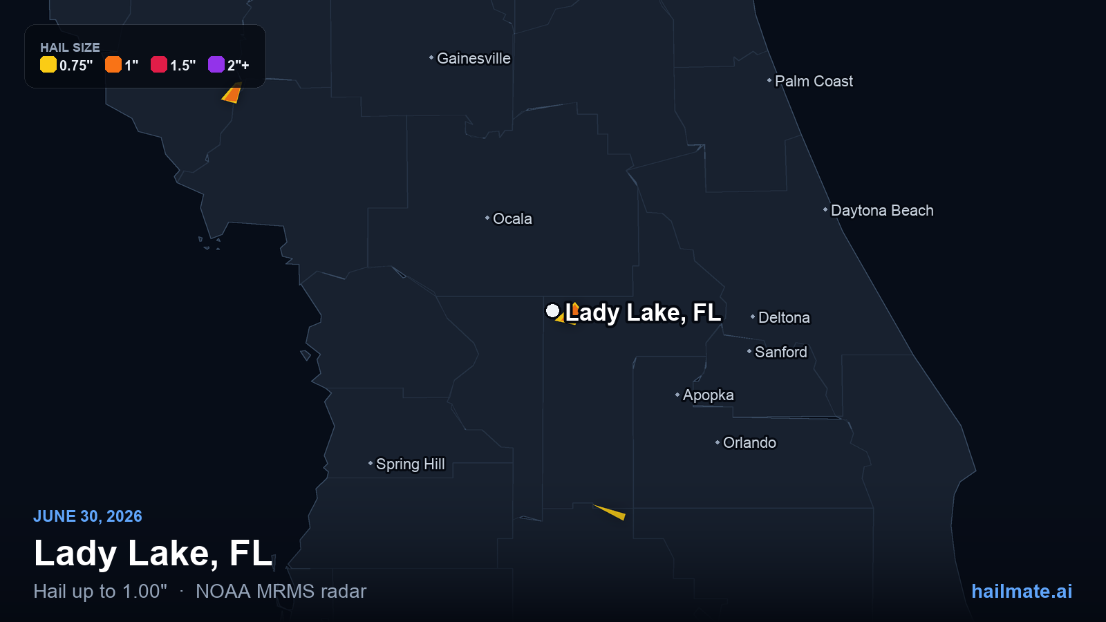 Hail swath map for Lady Lake, FL on June 30, 2026 showing 1.00 inch hail.