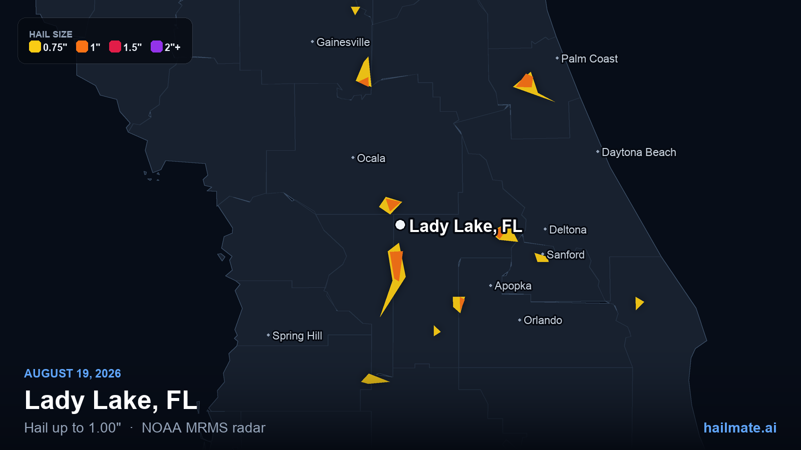 Hail swath map for Lady Lake, FL on August 19, 2026 showing 1.00 inch hail.