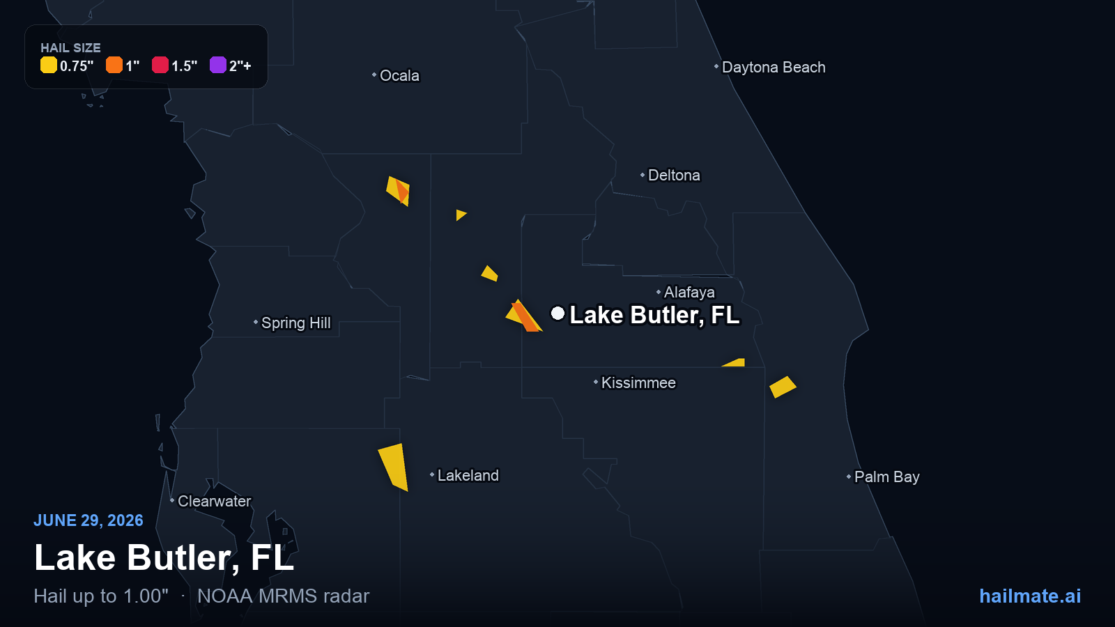 Hail swath map for Lake Butler, FL on June 29, 2026 showing 1.00 inch hail.