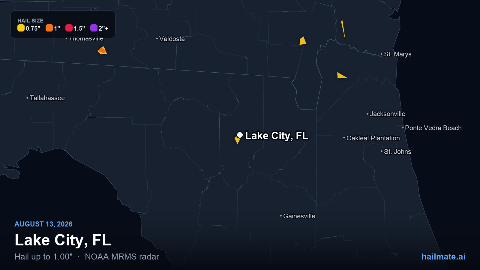 Hail swath map for Lake City, FL on August 13, 2026 showing 1.00 inch hail.