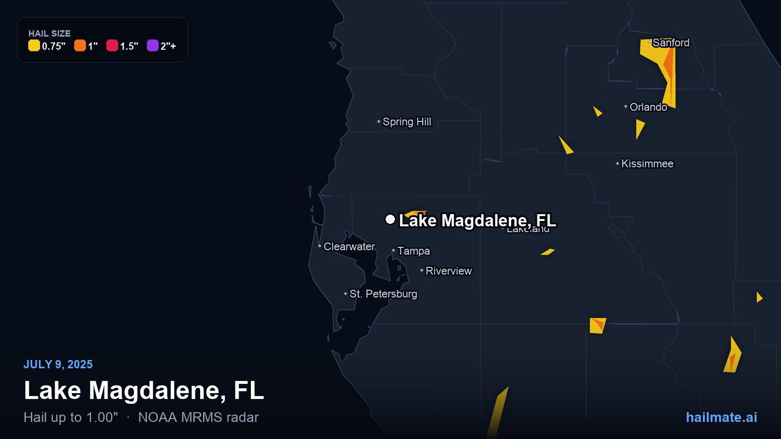 Hail swath map for Lake Magdalene, FL on July 9, 2025 showing 1.00 inch hail.