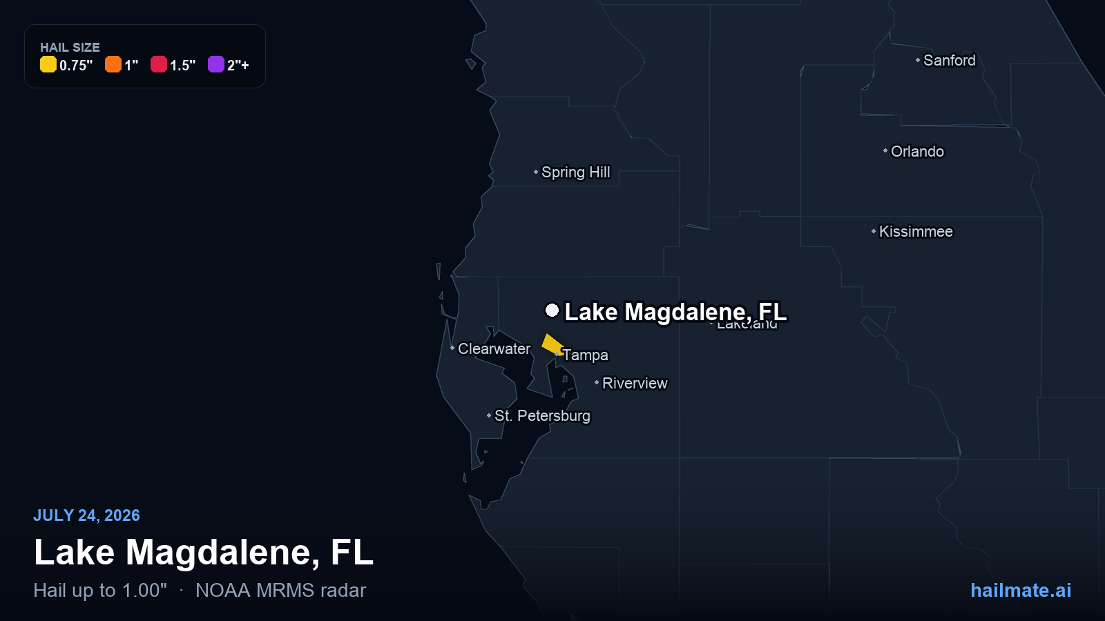 Hail swath map for Lake Magdalene, FL on July 24, 2026 showing 1.00 inch hail.