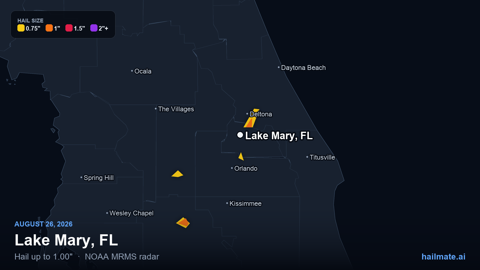 Hail swath map for Lake Mary, FL on August 26, 2026 showing 1.00 inch hail.