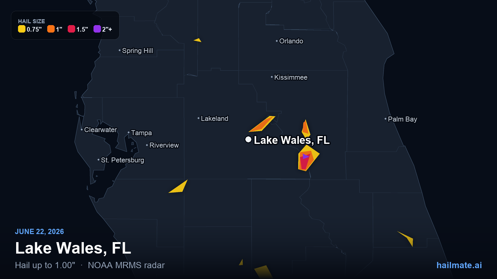 Hail swath map for Lake Wales, FL on June 22, 2026 showing 1.00 inch hail.
