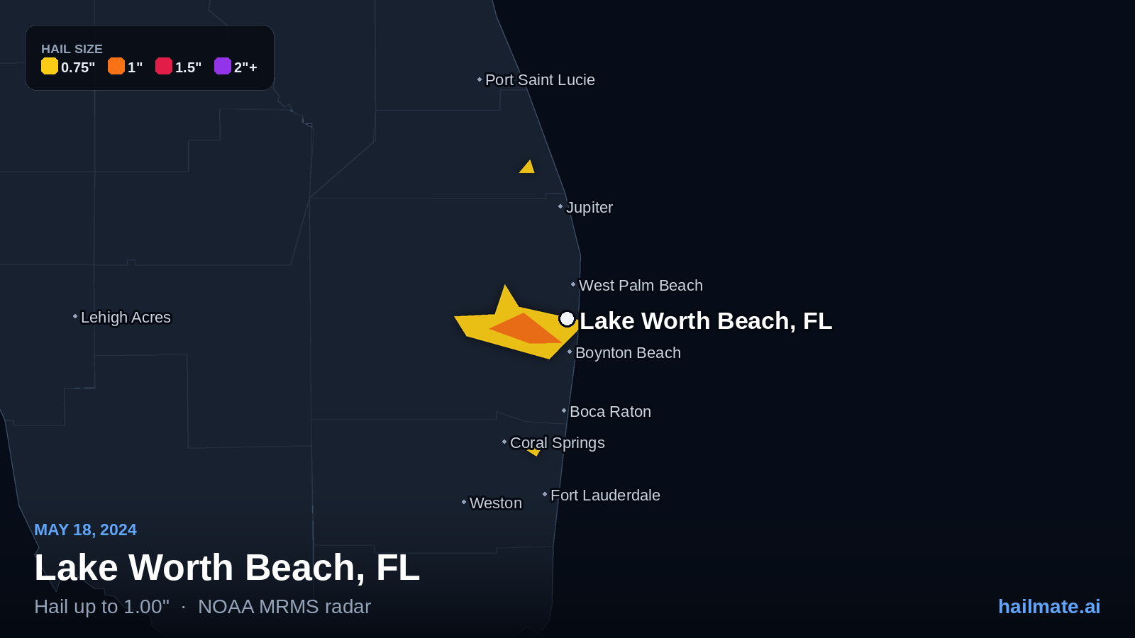 Hail swath map for Lake Worth Beach, FL on May 18, 2024 showing 1.00 inch hail.