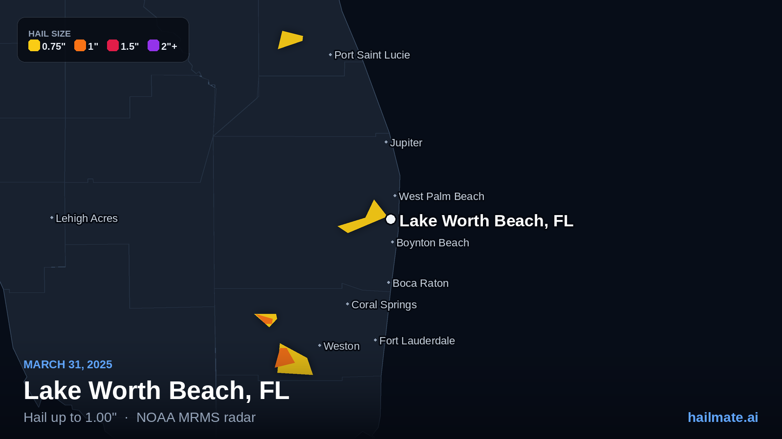 Hail swath map for Lake Worth Beach, FL on March 31, 2025 showing 1.00 inch hail.