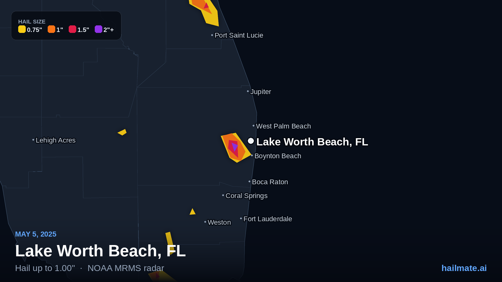 Hail swath map for Lake Worth Beach, FL on May 5, 2025 showing 1.00 inch hail.