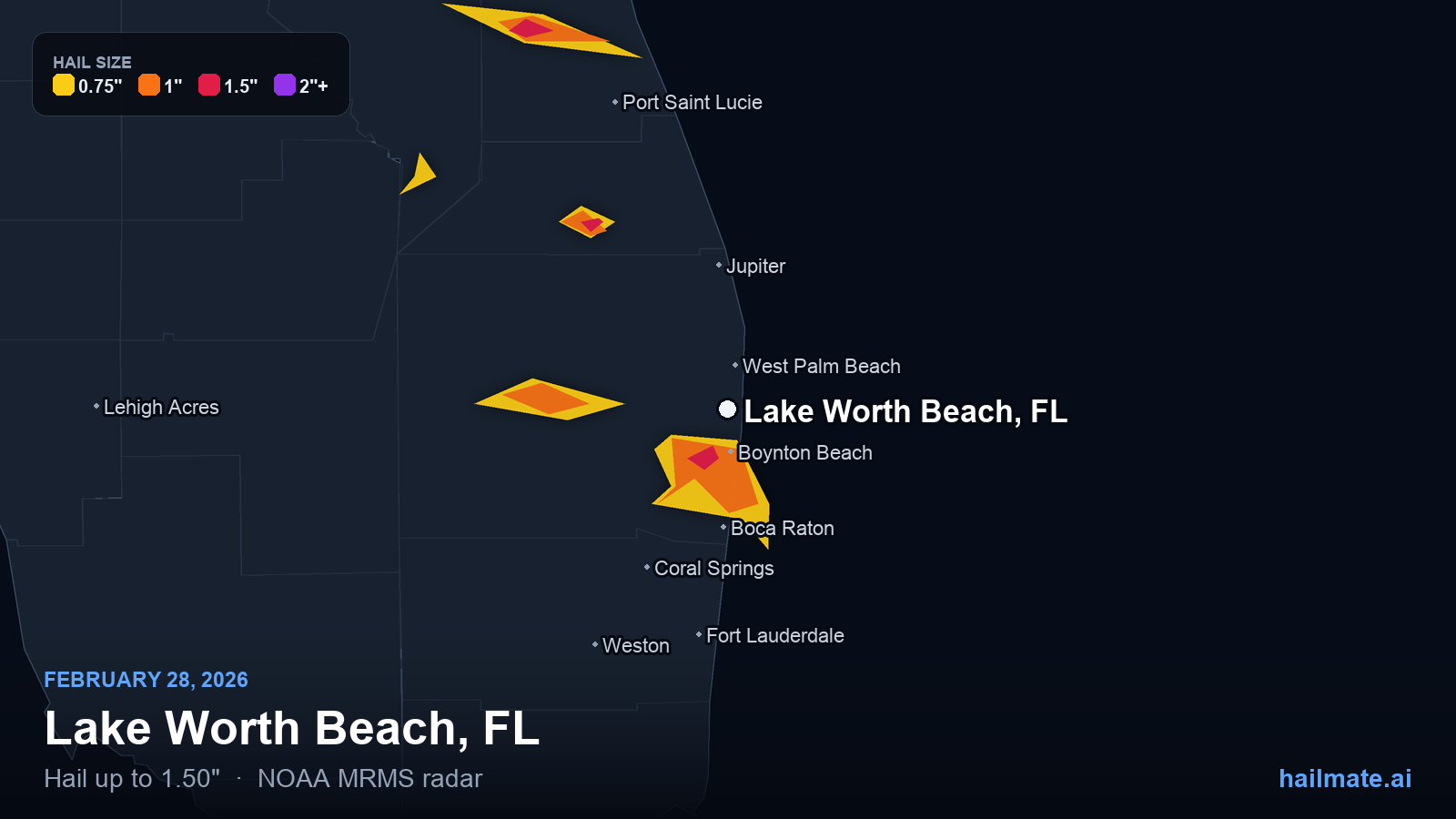 Hail swath map for Lake Worth Beach, FL on February 28, 2026 showing 1.50 inch hail.