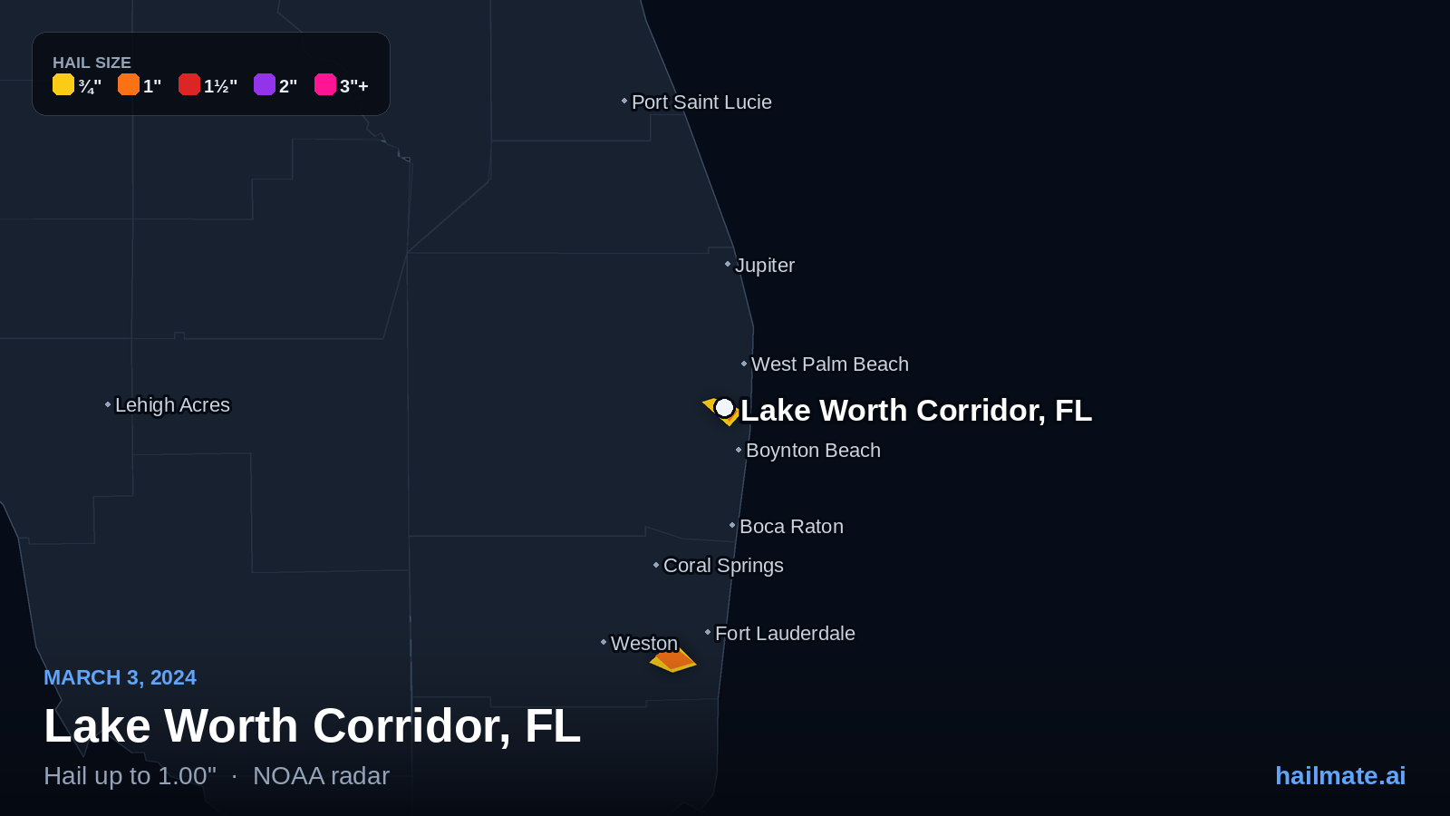 Hail swath map for Lake Worth Corridor, FL on March 3, 2024 showing 1.00 inch hail.