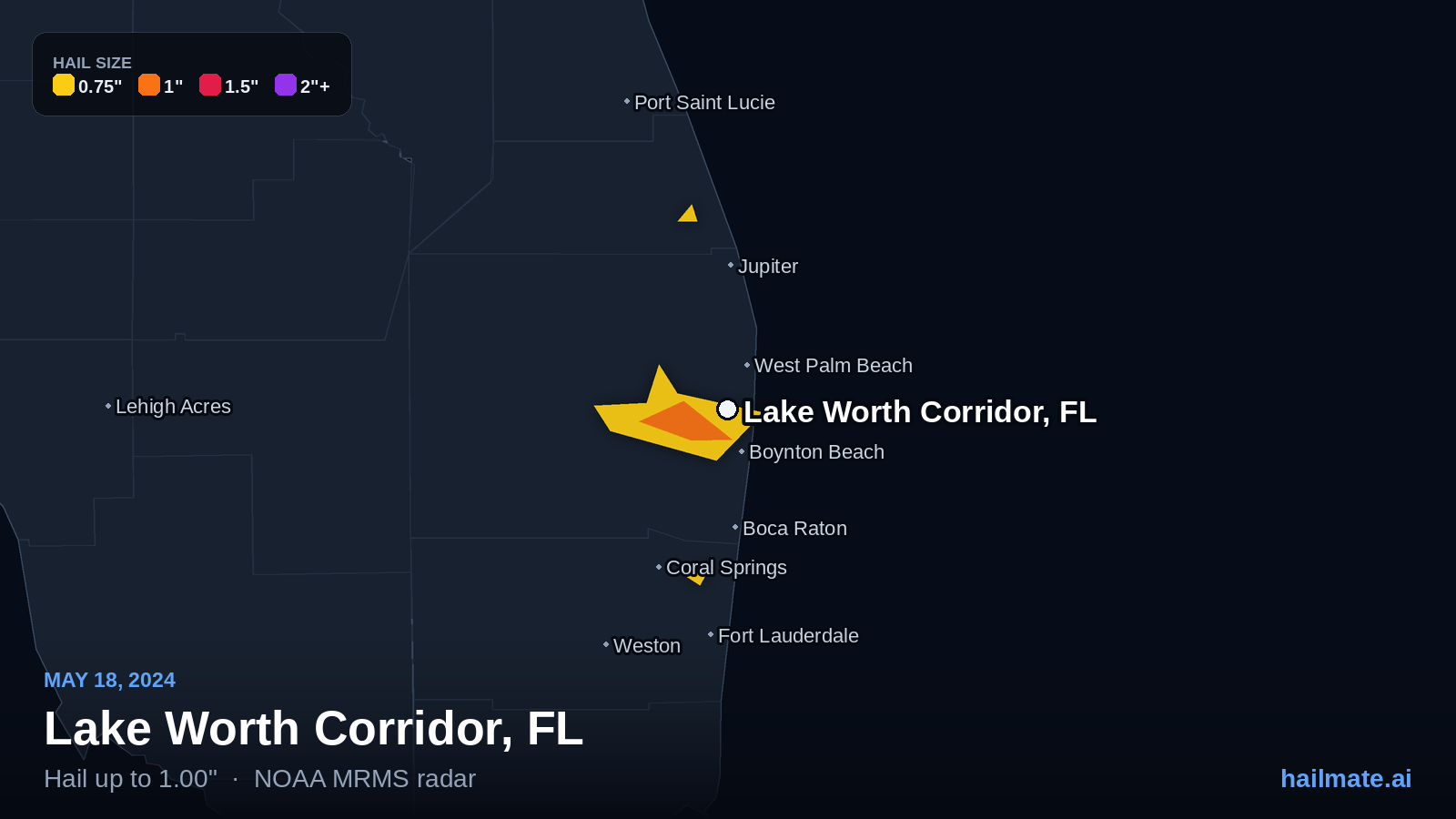 Hail swath map for Lake Worth Corridor, FL on May 18, 2024 showing 1.00 inch hail.
