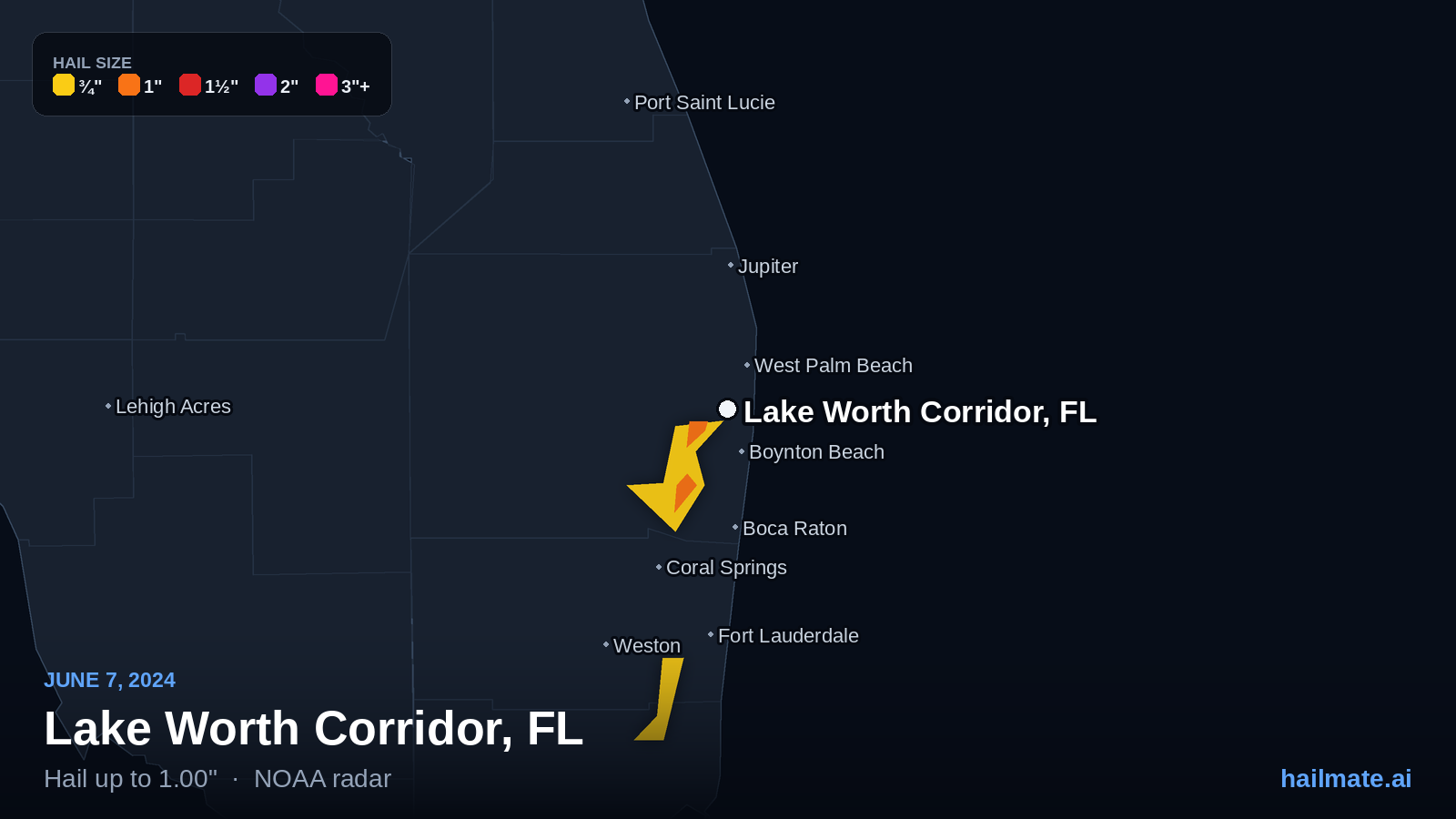 Hail swath map for Lake Worth Corridor, FL on June 7, 2024 showing 1.00 inch hail.