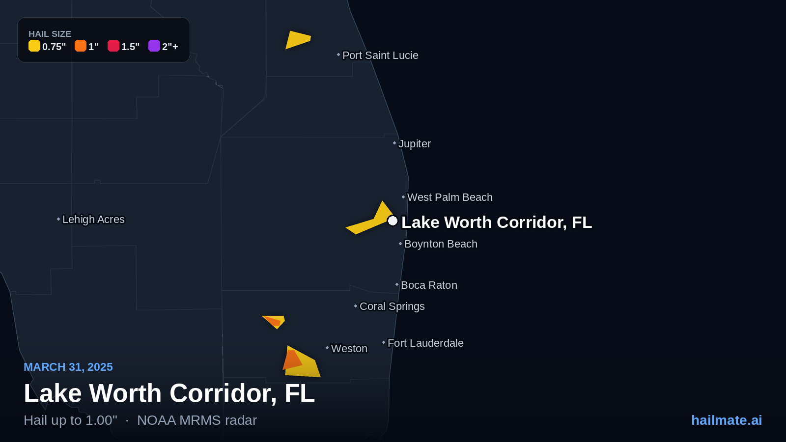 Hail swath map for Lake Worth Corridor, FL on March 31, 2025 showing 1.00 inch hail.