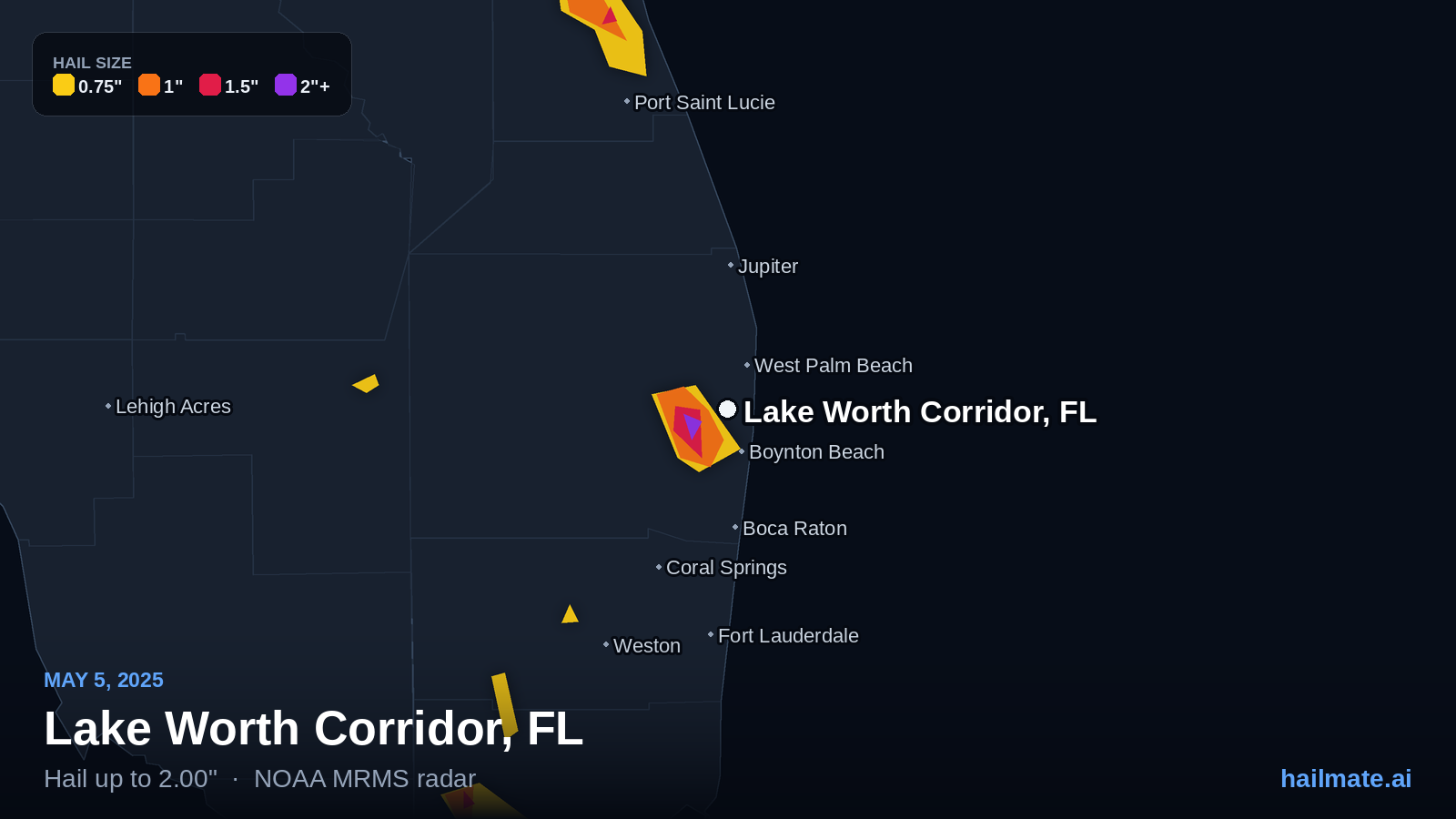 Hail swath map for Lake Worth Corridor, FL on May 5, 2025 showing 2.00 inch hail.