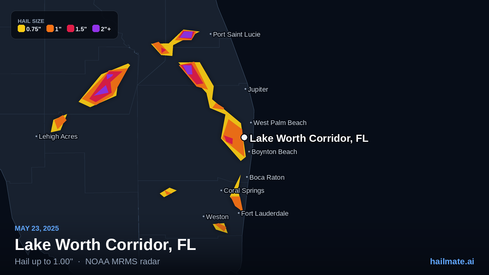 Hail swath map for Lake Worth Corridor, FL on May 23, 2025 showing 1.00 inch hail.