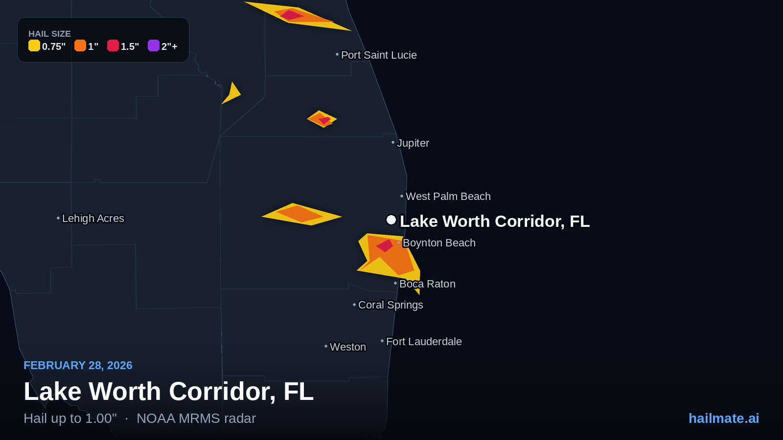 Hail swath map for Lake Worth Corridor, FL on February 28, 2026 showing 1.00 inch hail.