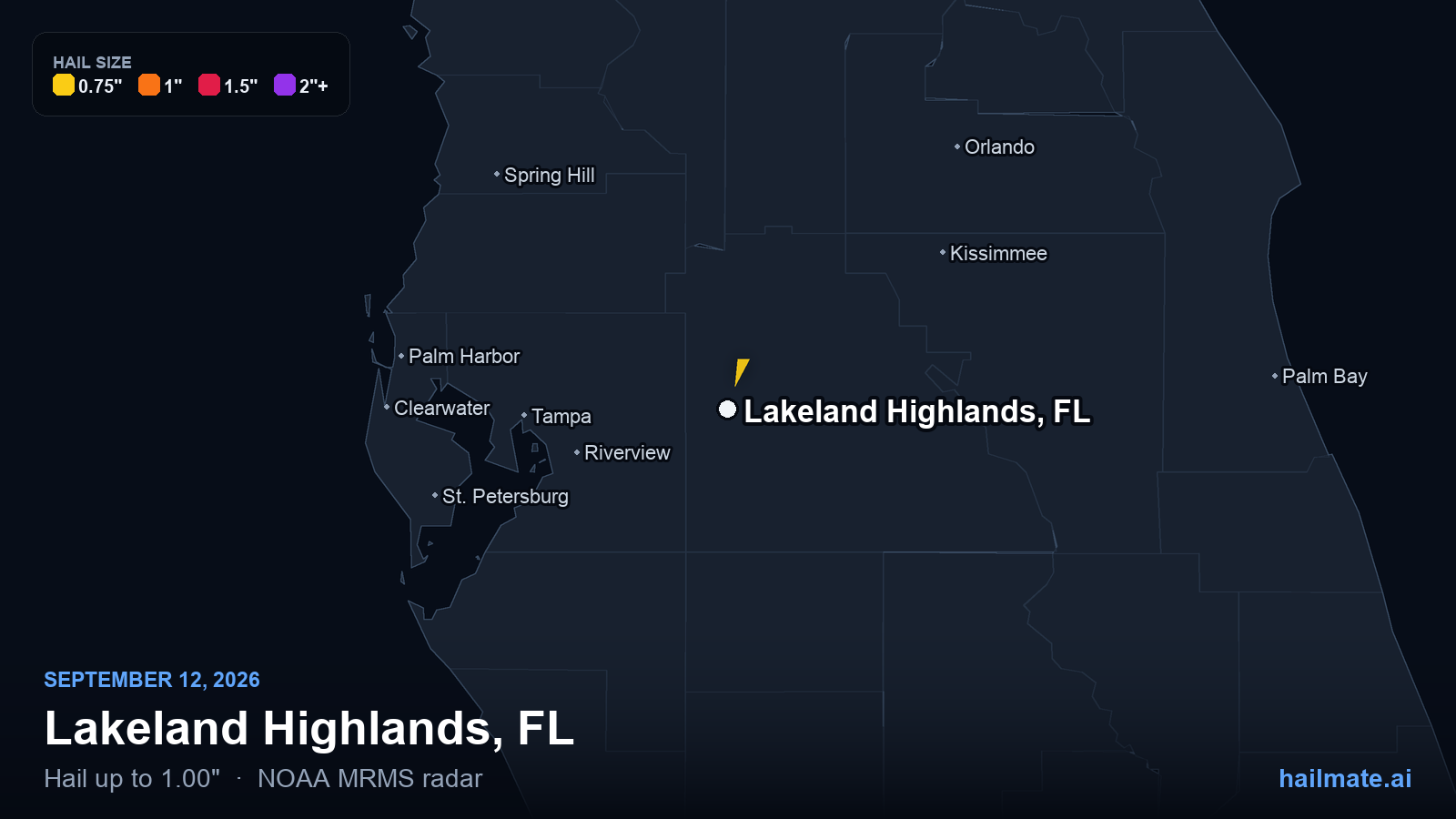 Hail swath map for Lakeland Highlands, FL on September 12, 2026 showing 1.00 inch hail.
