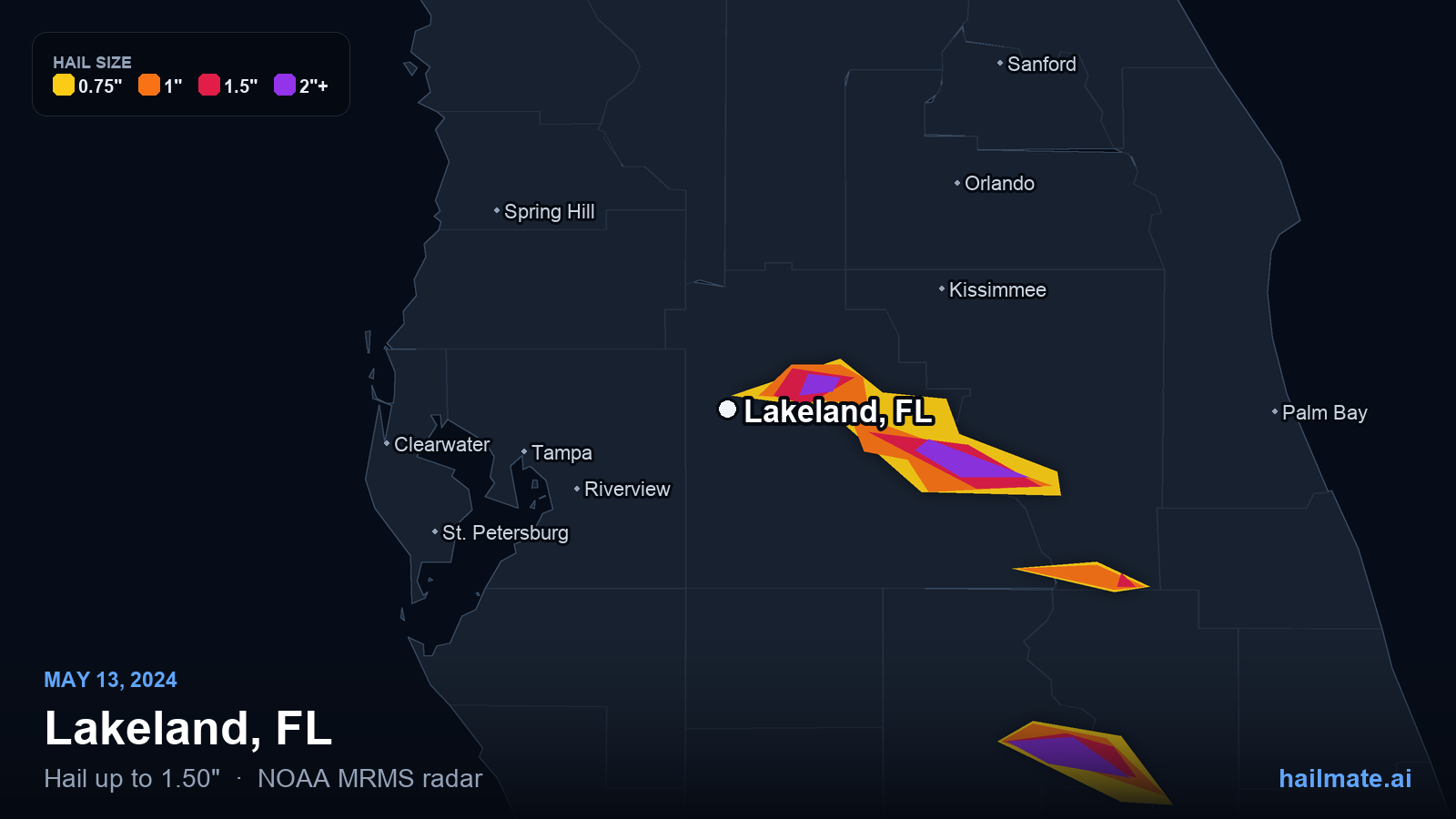 Hail swath map for Lakeland, FL on May 13, 2024 showing 1.50 inch hail.