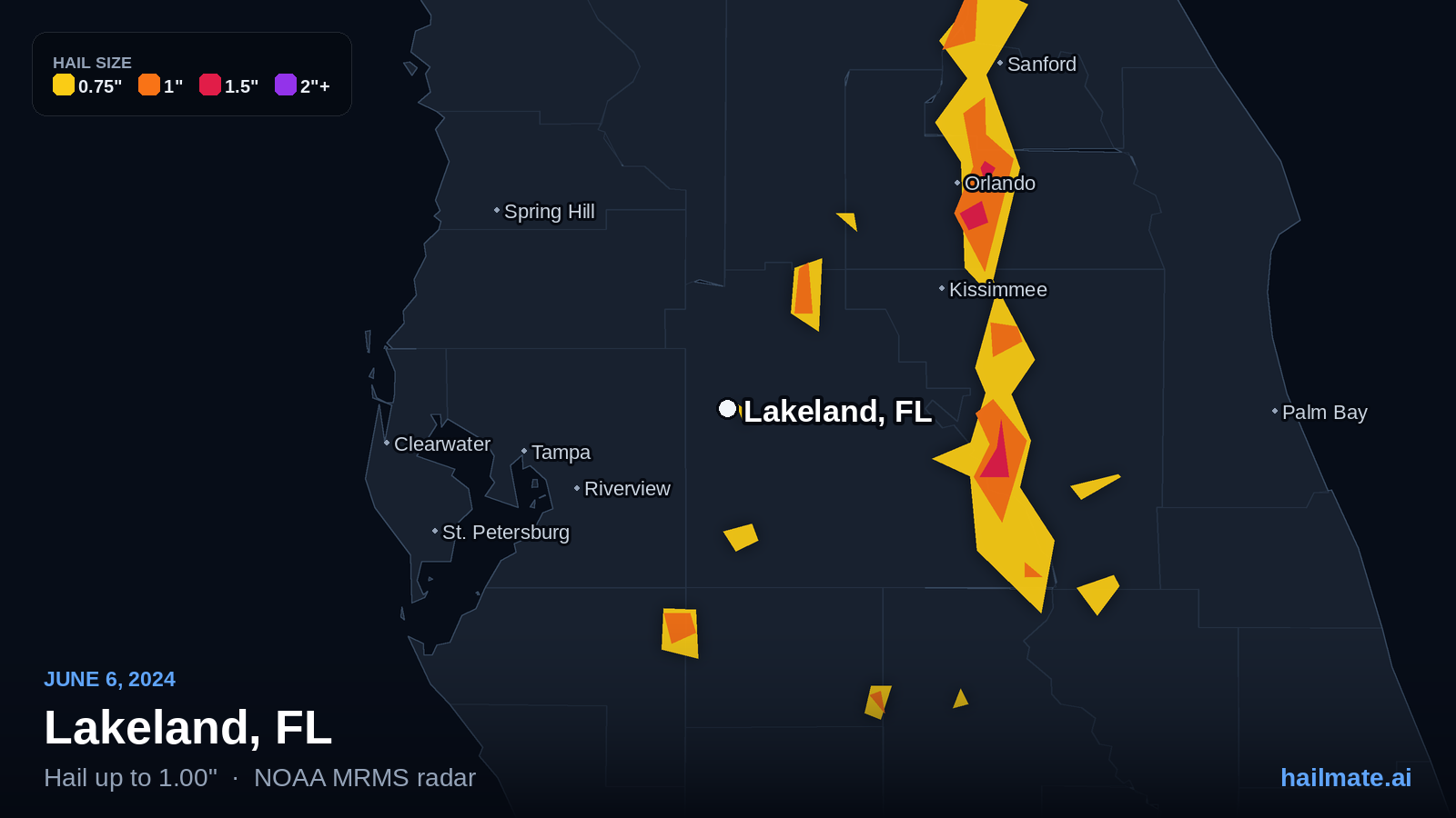 Hail swath map for Lakeland, FL on June 6, 2024 showing 1.00 inch hail.