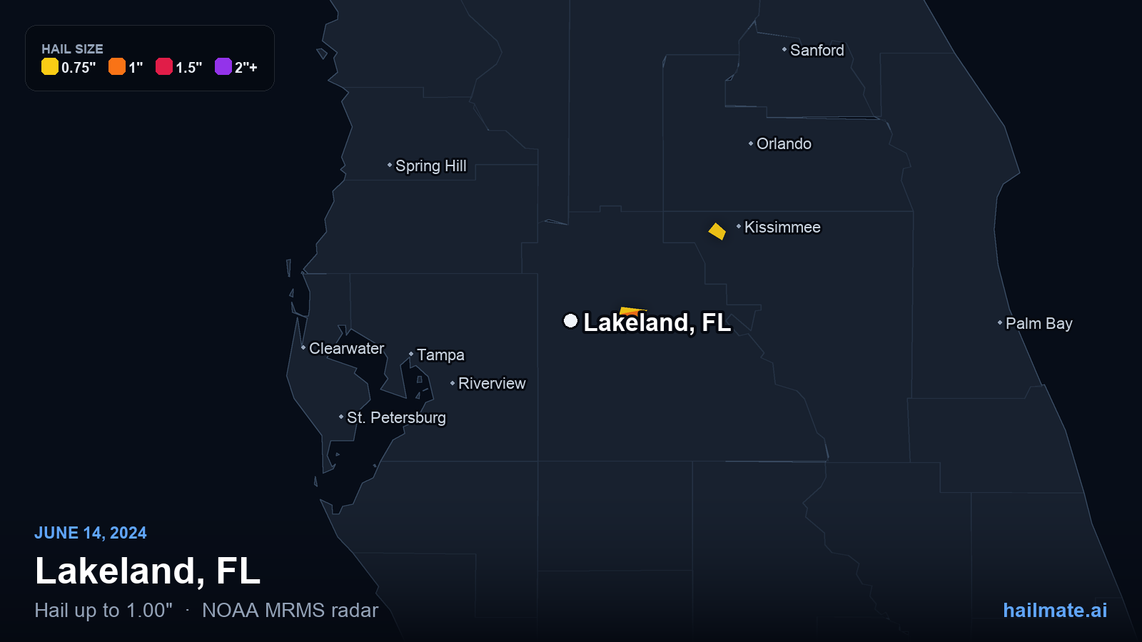 Hail swath map for Lakeland, FL on June 14, 2024 showing 1.00 inch hail.