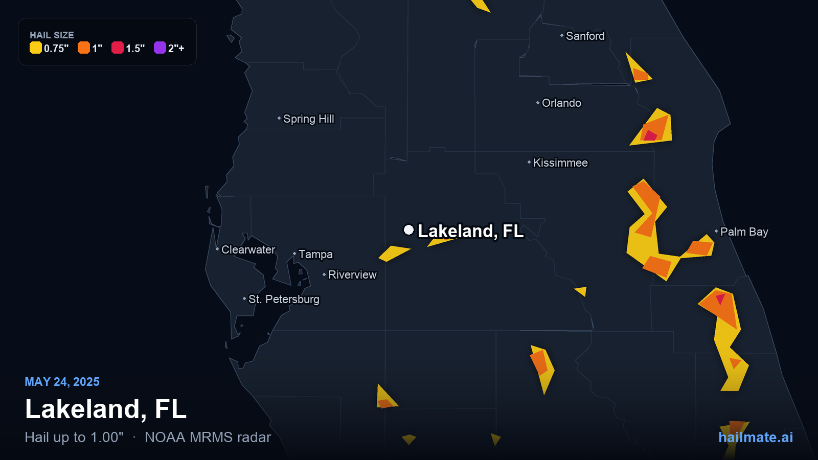 Hail swath map for Lakeland, FL on May 24, 2025 showing 1.00 inch hail.
