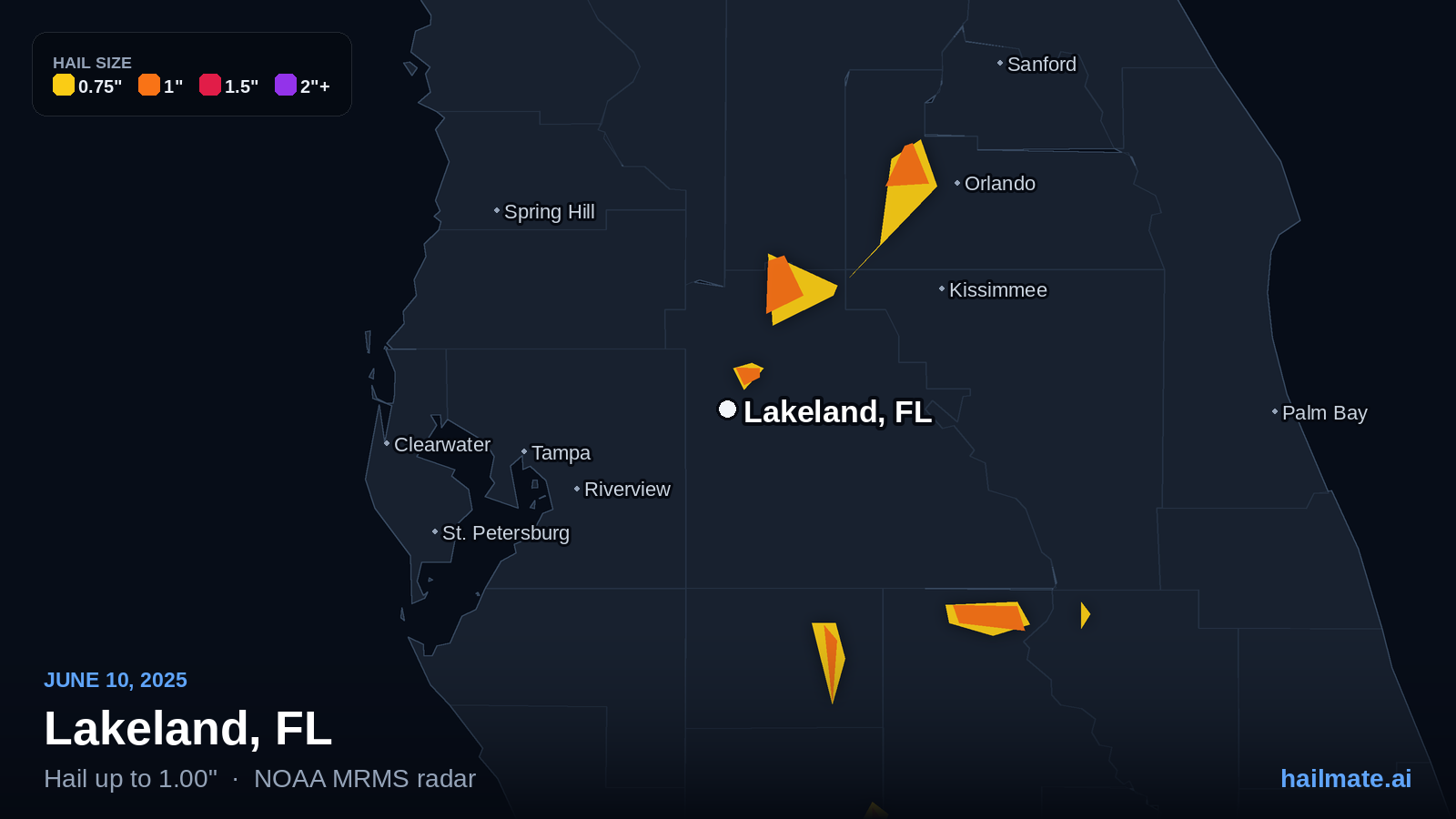 Hail swath map for Lakeland, FL on June 10, 2025 showing 1.00 inch hail.