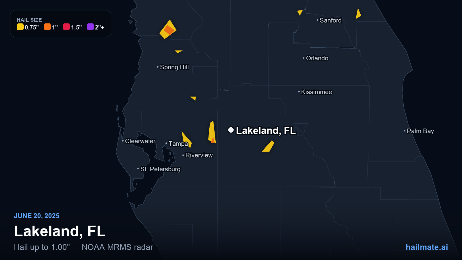 Hail swath map for Lakeland, FL on June 20, 2025 showing 1.00 inch hail.
