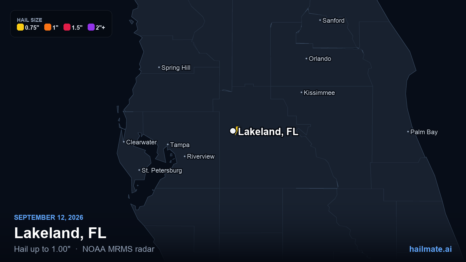 Hail swath map for Lakeland, FL on September 12, 2026 showing 1.00 inch hail.