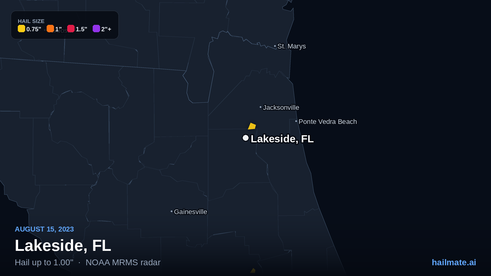 Hail swath map for Lakeside, FL on August 15, 2023 showing 1.00 inch hail.