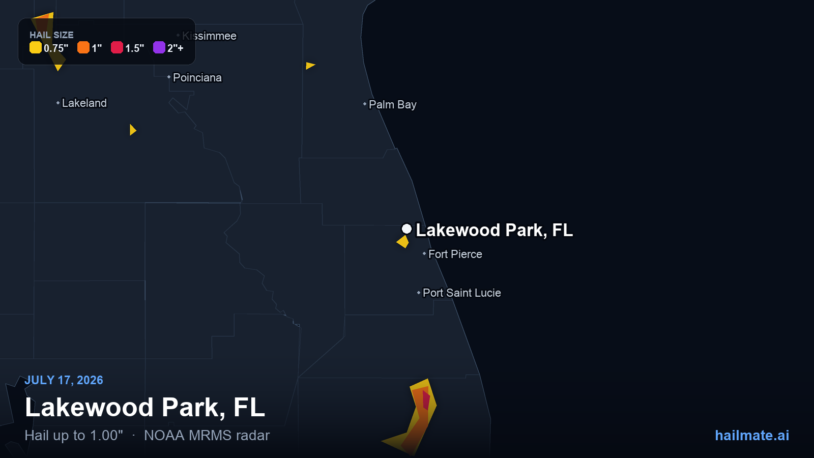 Hail swath map for Lakewood Park, FL on July 17, 2026 showing 1.00 inch hail.