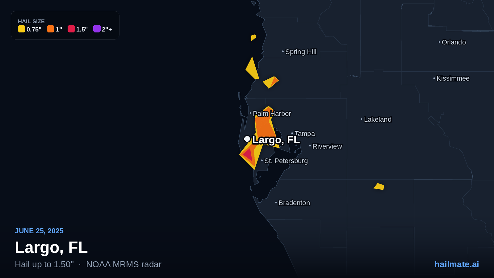 Hail swath map for Largo, FL on June 25, 2025 showing 1.50 inch hail.