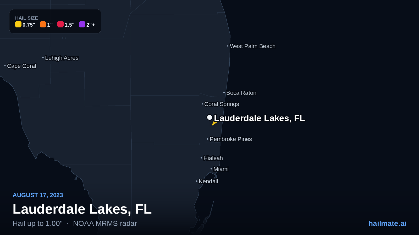 Hail swath map for Lauderdale Lakes, FL on August 17, 2023 showing 1.00 inch hail.