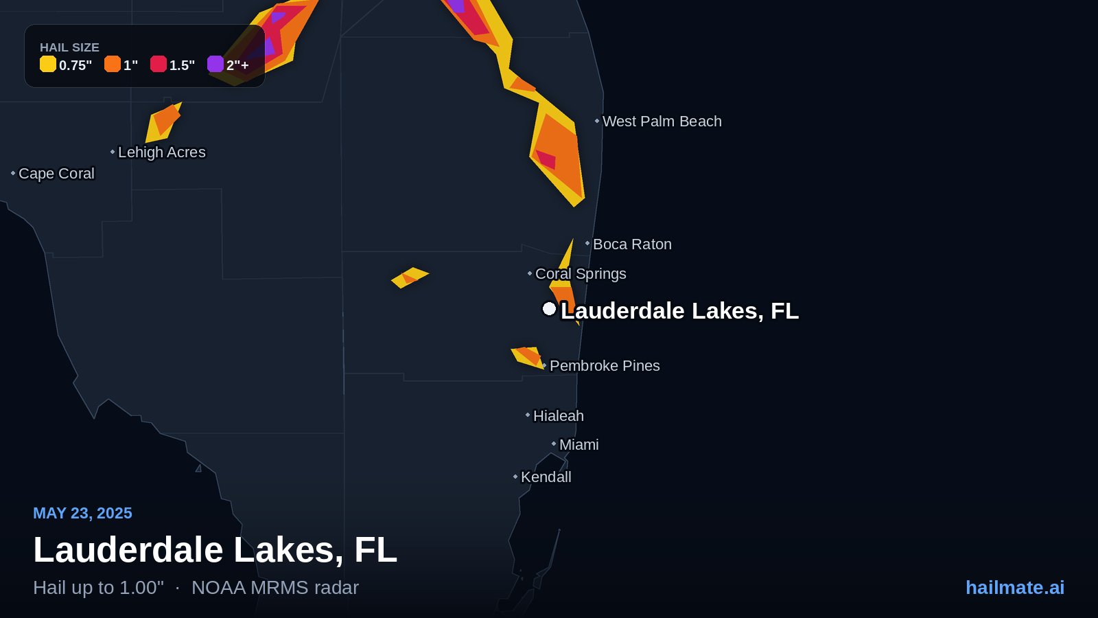 Hail swath map for Lauderdale Lakes, FL on May 23, 2025 showing 1.00 inch hail.