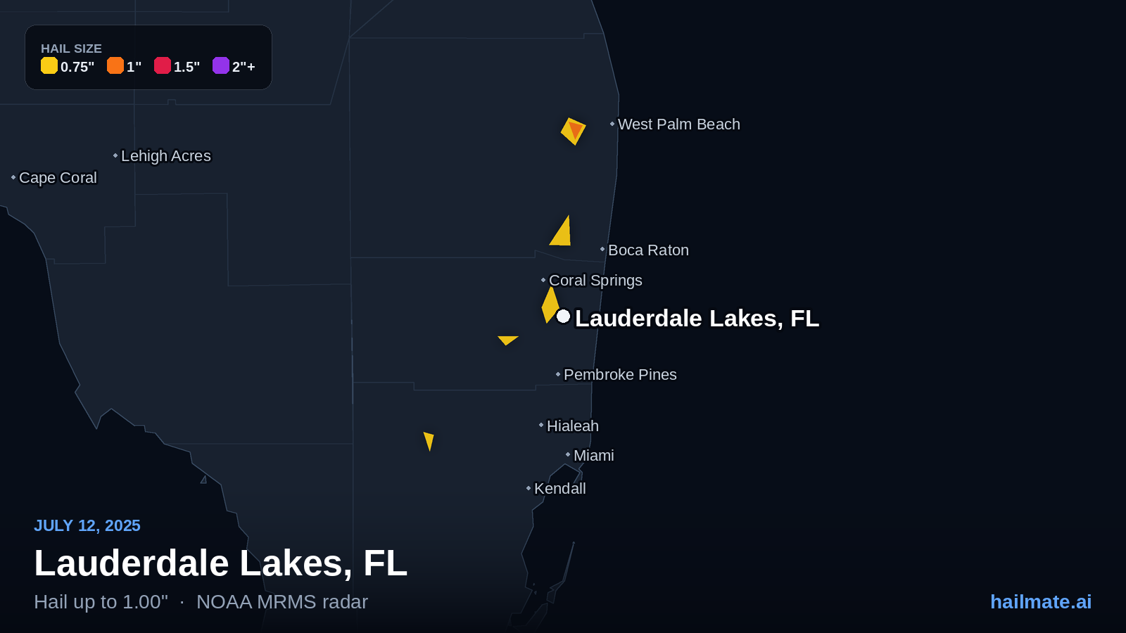 Hail swath map for Lauderdale Lakes, FL on July 12, 2025 showing 1.00 inch hail.