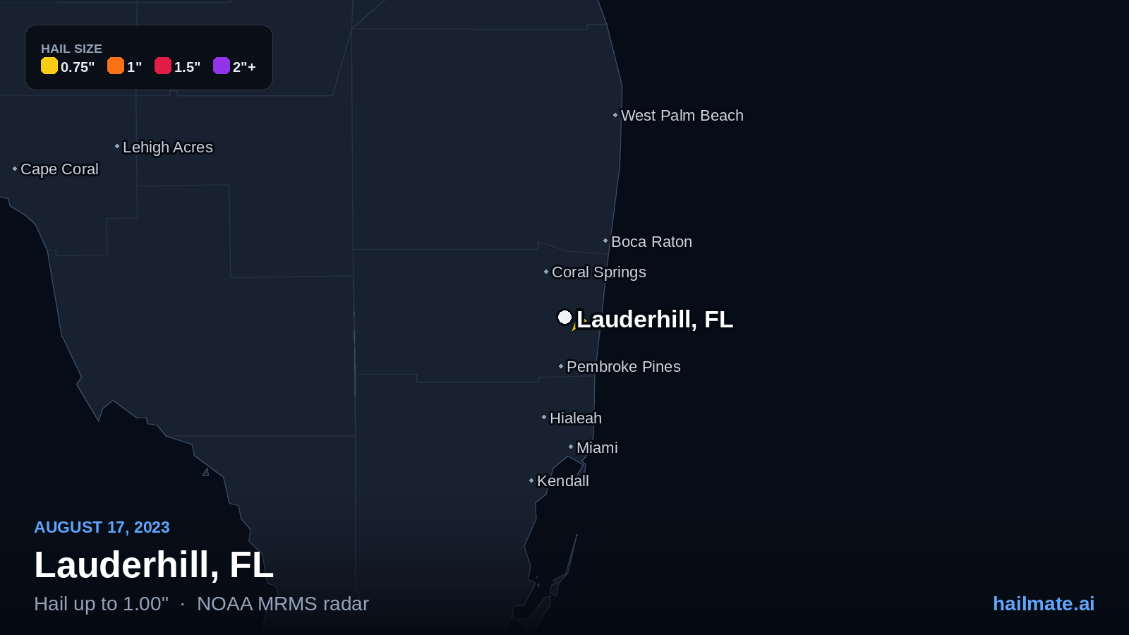 Hail swath map for Lauderhill, FL on August 17, 2023 showing 1.00 inch hail.