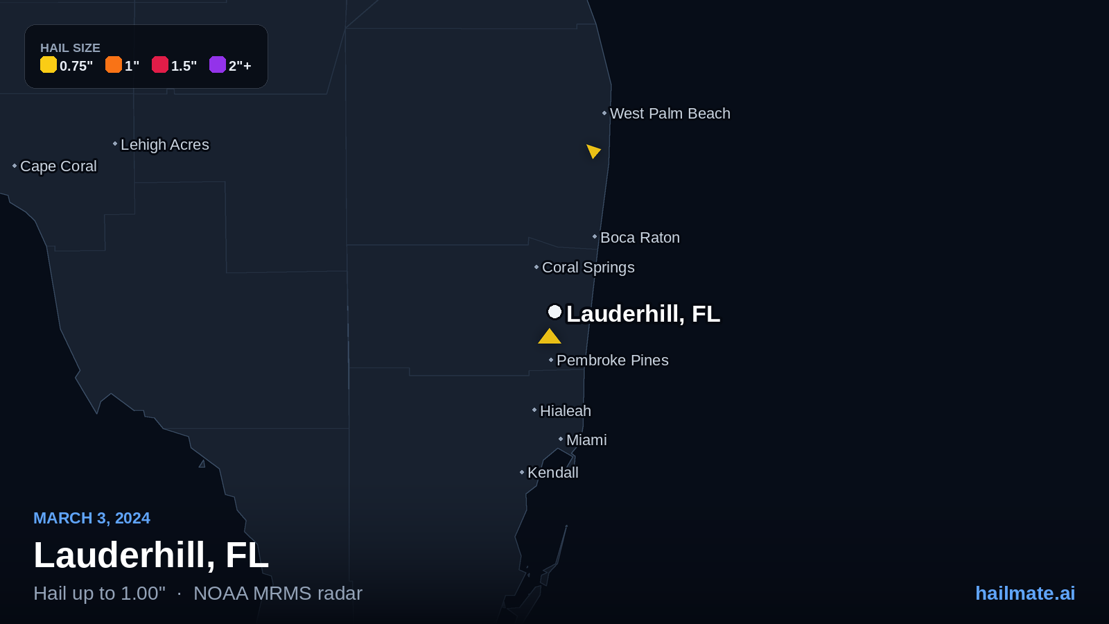 Hail swath map for Lauderhill, FL on March 3, 2024 showing 1.00 inch hail.