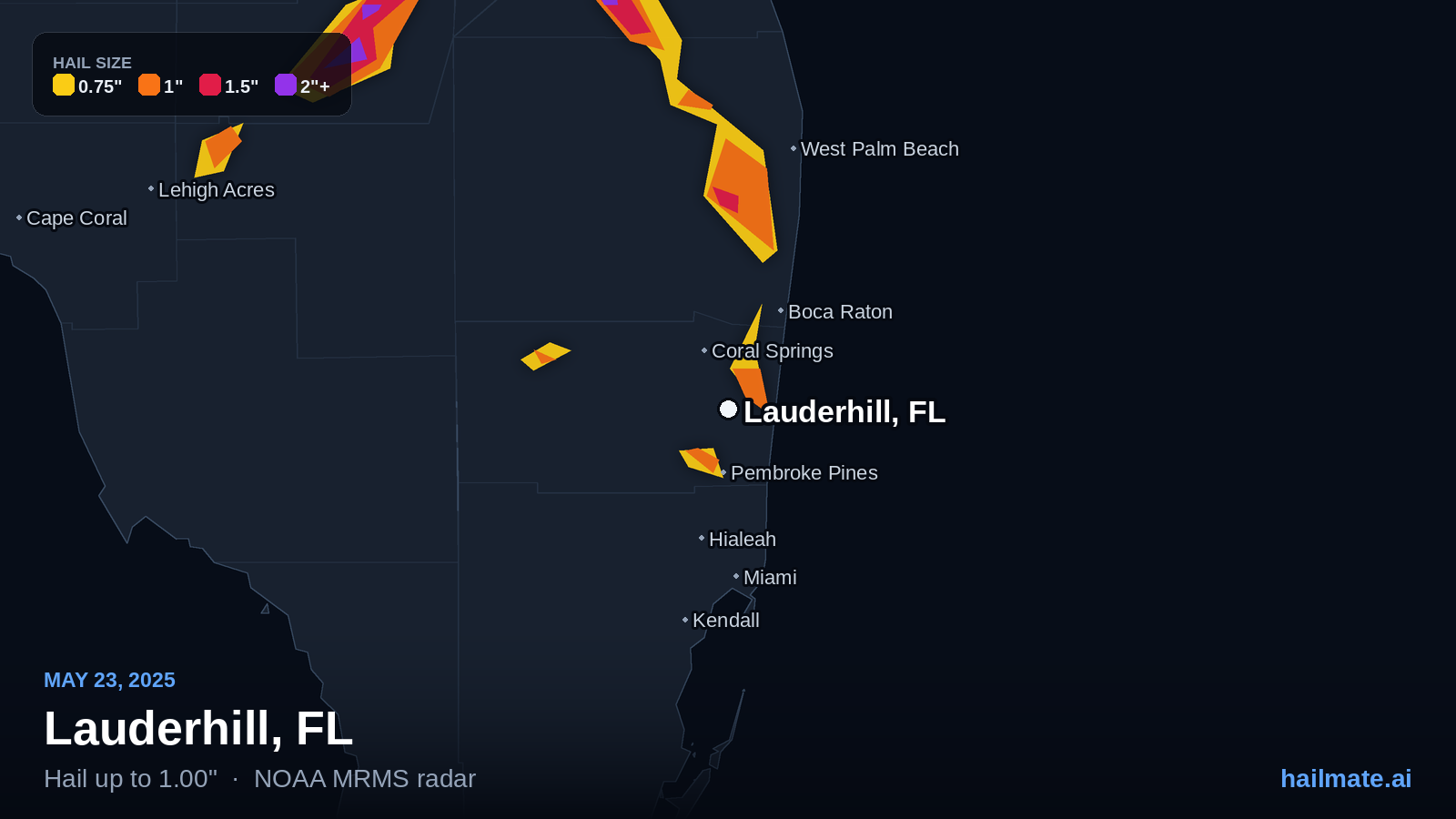 Hail swath map for Lauderhill, FL on May 23, 2025 showing 1.00 inch hail.