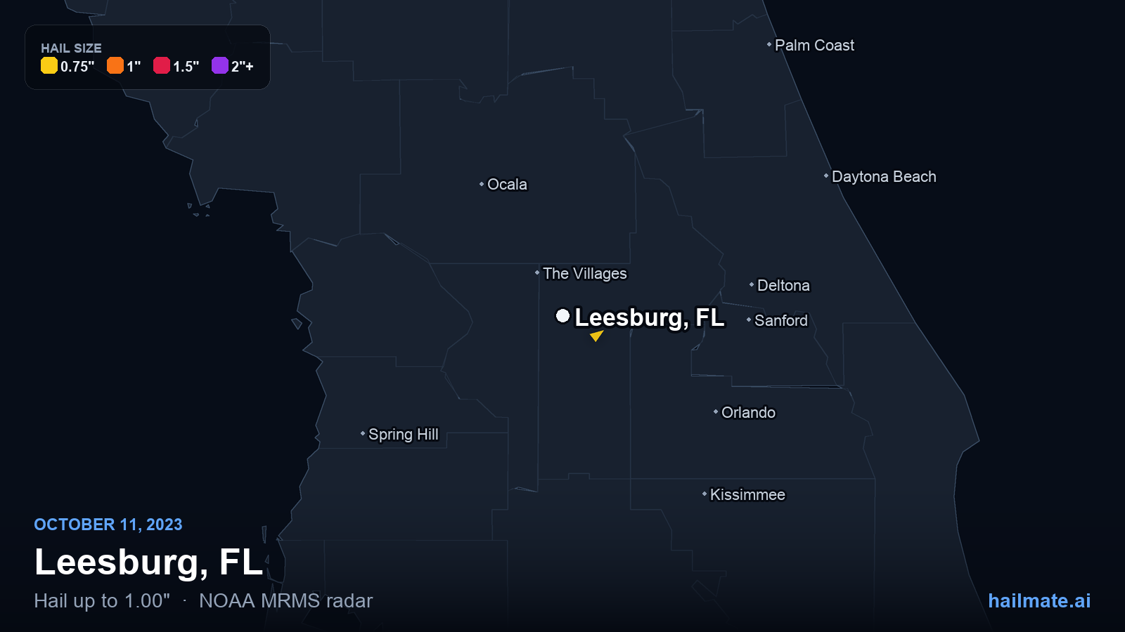 Hail swath map for Leesburg, FL on October 11, 2023 showing 1.00 inch hail.