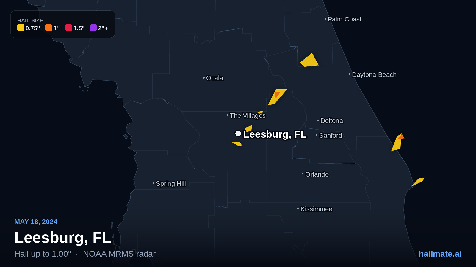 Hail swath map for Leesburg, FL on May 18, 2024 showing 1.00 inch hail.