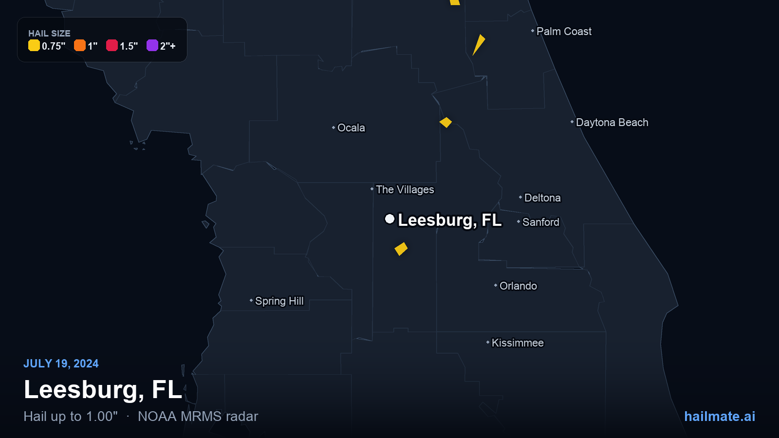 Hail swath map for Leesburg, FL on July 19, 2024 showing 1.00 inch hail.
