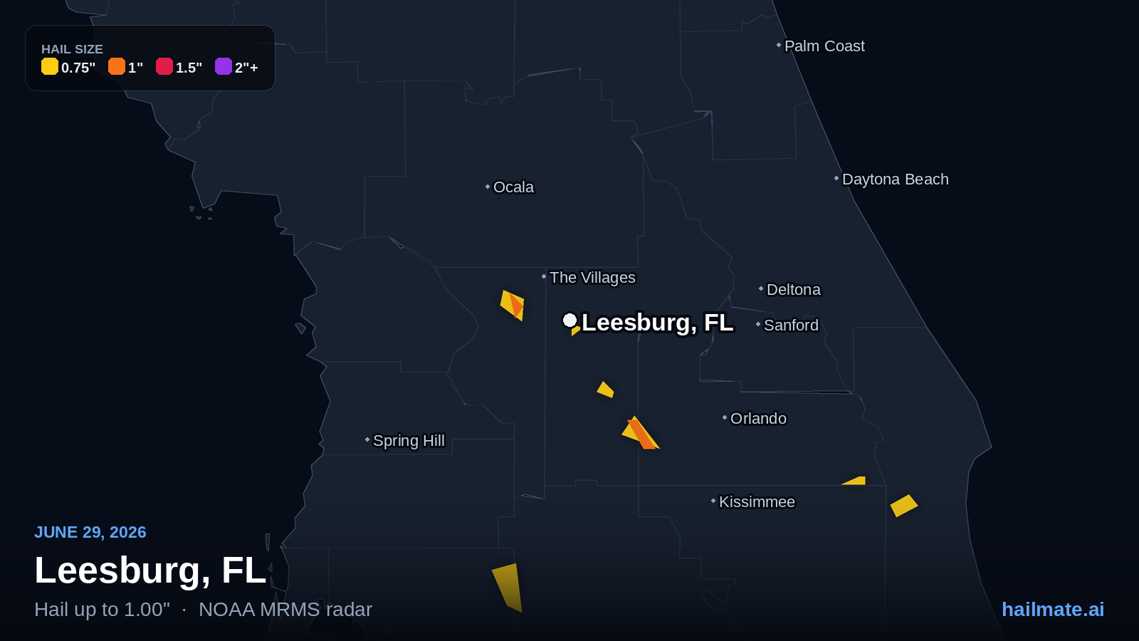 Hail swath map for Leesburg, FL on June 29, 2026 showing 1.00 inch hail.