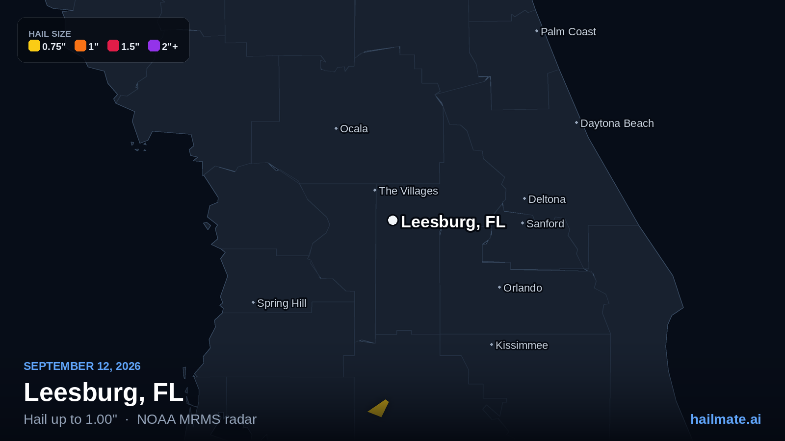 Hail swath map for Leesburg, FL on September 12, 2026 showing 1.00 inch hail.
