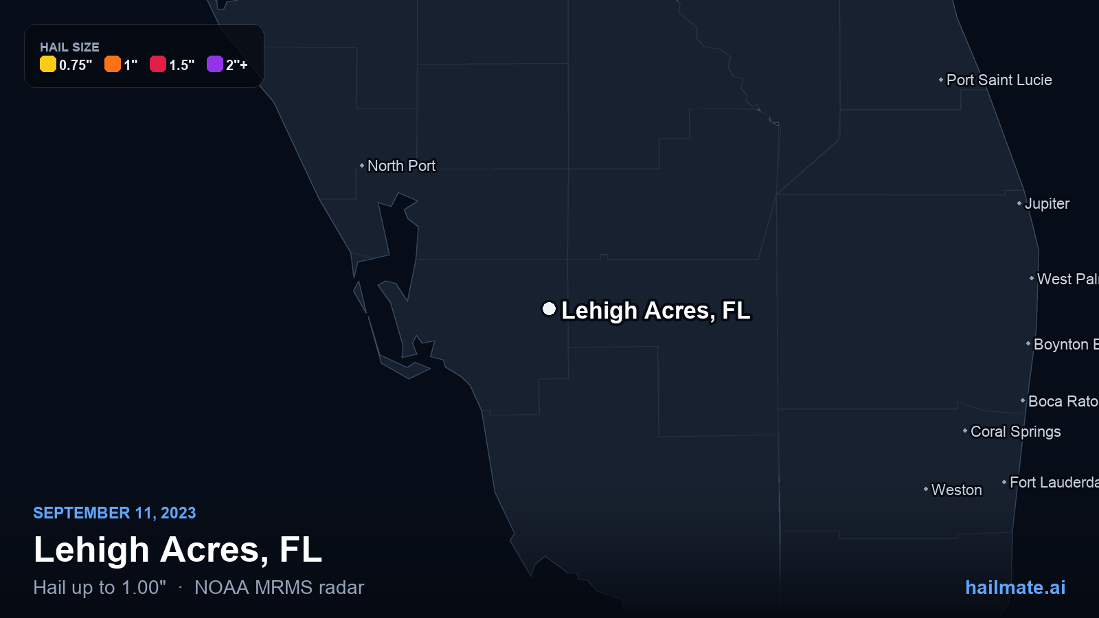 Hail swath map for Lehigh Acres, FL on September 11, 2023 showing 1.00 inch hail.