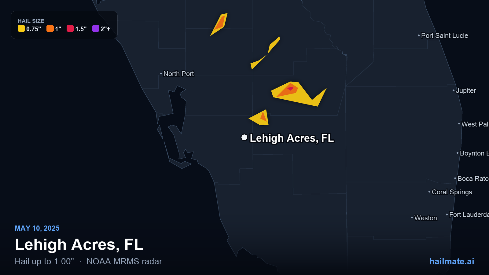 Hail swath map for Lehigh Acres, FL on May 10, 2025 showing 1.00 inch hail.